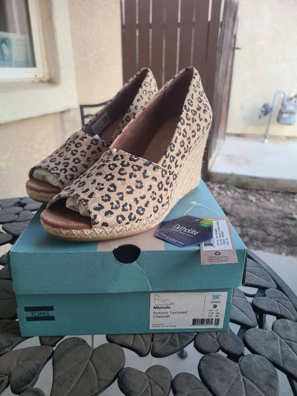 TOMS Leopard Print Peep-Toe Espadrille Wedge in Natural/Tan